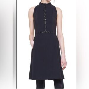 Akris Punto  Mini Dress Womens Size 10 Black Zip Neck Jewelry A- Lined